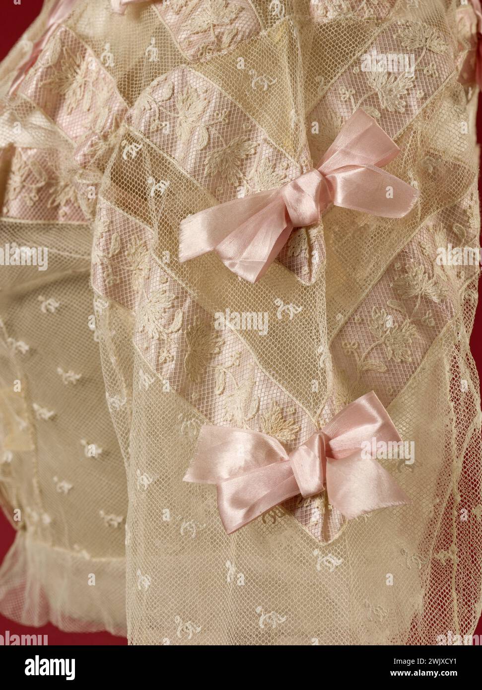 Corsage de jour (détail). Rubans de satin crème et rose brodés en tulle. 1868. Galliera, musée de la mode de la ville de Paris. Jour fleur (détail) jour, détail, femme, manche, ruban de satin rose, second Empire, Tulle Embroide Cream Banque D'Images