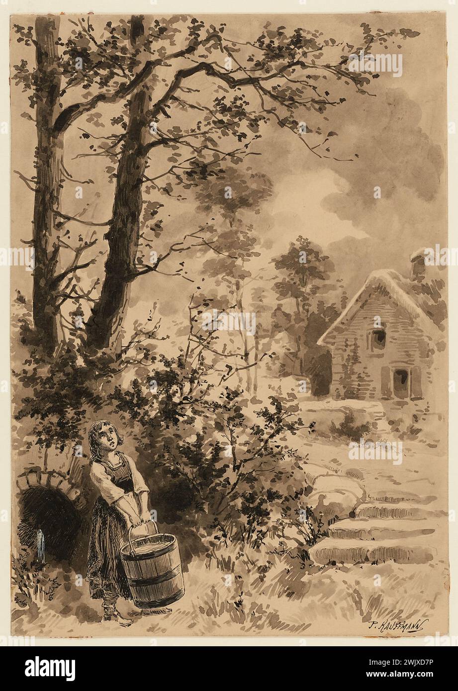 Kaufmann, P., les Misérables - Cosette à la Fontaine. Encre et plume sur papier épais. Maisons de Victor Hugo Paris - Guernesey. Banque D'Images