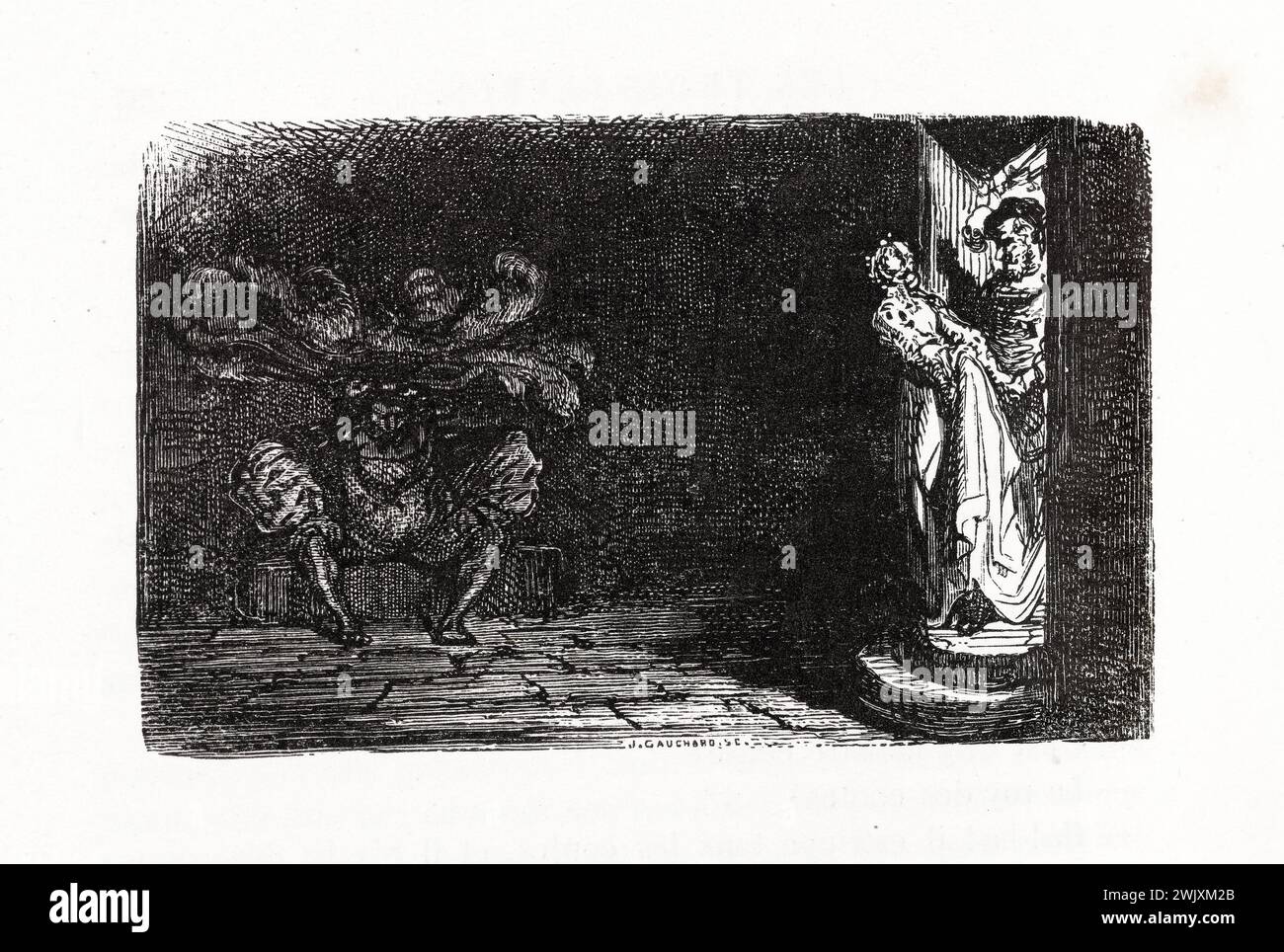 Gustave Doré (1832-1883), designer et Jean Gauchard (1825-1872), graveur. "Visitez le prisonnier." Illustration pour Honoré de Balzac, 'les contes drolatiques', Paris : Société générale de librairie, 1855'. Gravure sur bois. Paris, Maison de Balzac. 101785-2 gravure sur bois, illustration d'une œuvre littéraire, 19e 19e 19e 19e 19e xixe siècle, gravure Banque D'Images