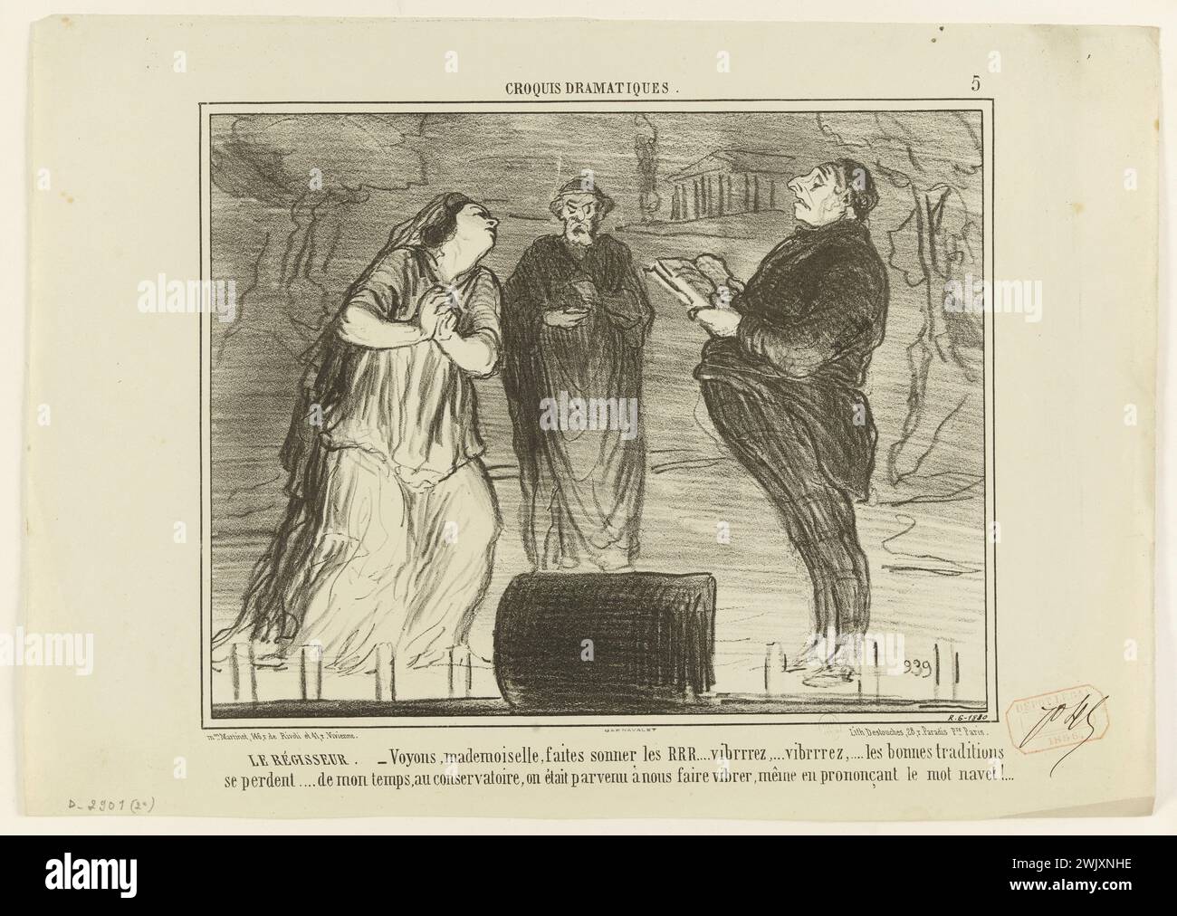 Honoré Daumier (1808-1879) 'Le gestionnaire de scène. - Tu vois, Mademoiselle, sonne le RRR. Vibrrz ,. Vibrrz,. Les bonnes traditions sont perdues. A mon époque, au Conservatoire, nous avions réussi à nous faire vibrer, même en prononçant le mot navet ! .. . (Croquis dramatique, pl. 5), 1856 '. Lithographie. 1856. Paris, musée Carnavalet. 59854-9 dessin dramatique, lithographie, régulateur Banque D'Images