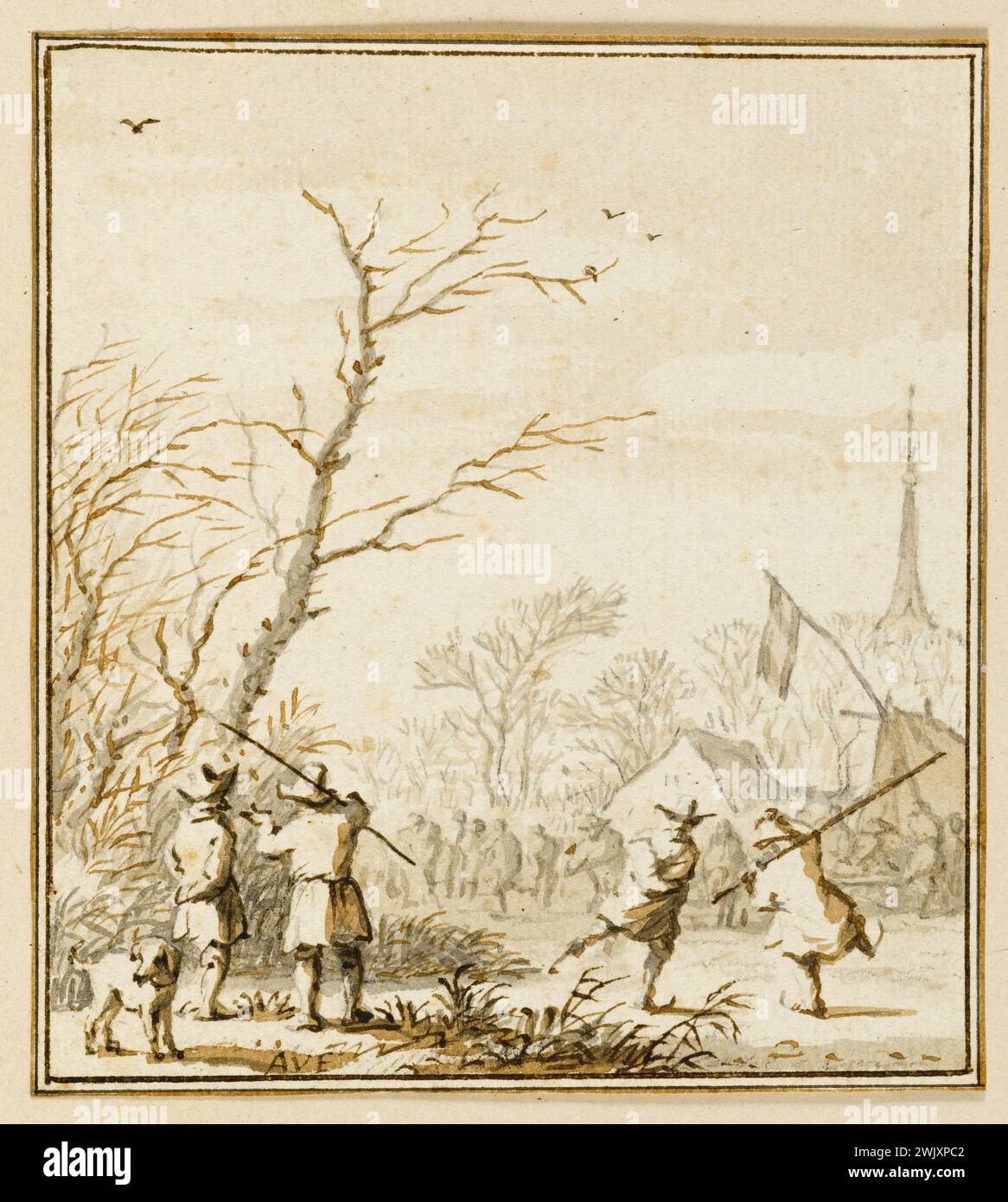 Allart van Everdingen (1621-1675) Décembre. Dessin dans le lavage de bistre et d'encre de Chine, sur croquis avec pierre noire. Musée des Beaux-Arts de la ville de Paris, petit Palais. 76857-1 clocher, décembre, dessin, église, encre de Chine, croquis, hiver, bistre wash, patinage sur glace, patinage, Pierre noire, 17ème 18ème XVII 17ème 17ème siècle, chien Banque D'Images