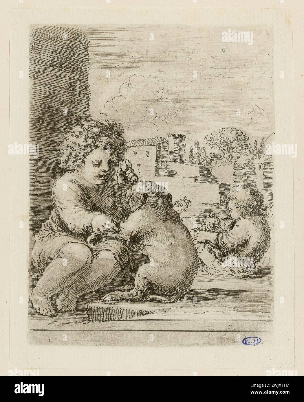 Della Bella, Stefano (connu sous le nom d'Etienne de la belle) (n.1610-05-18-D.1664-08-22), un enfant apprenant à un chien à s'asseoir sur son derrière (A. de Vesme 98 ; Dutuit 211) (titre principal). Gravure. Petit Palais, Musée des Beaux-Arts de la ville de Paris. Banque D'Images