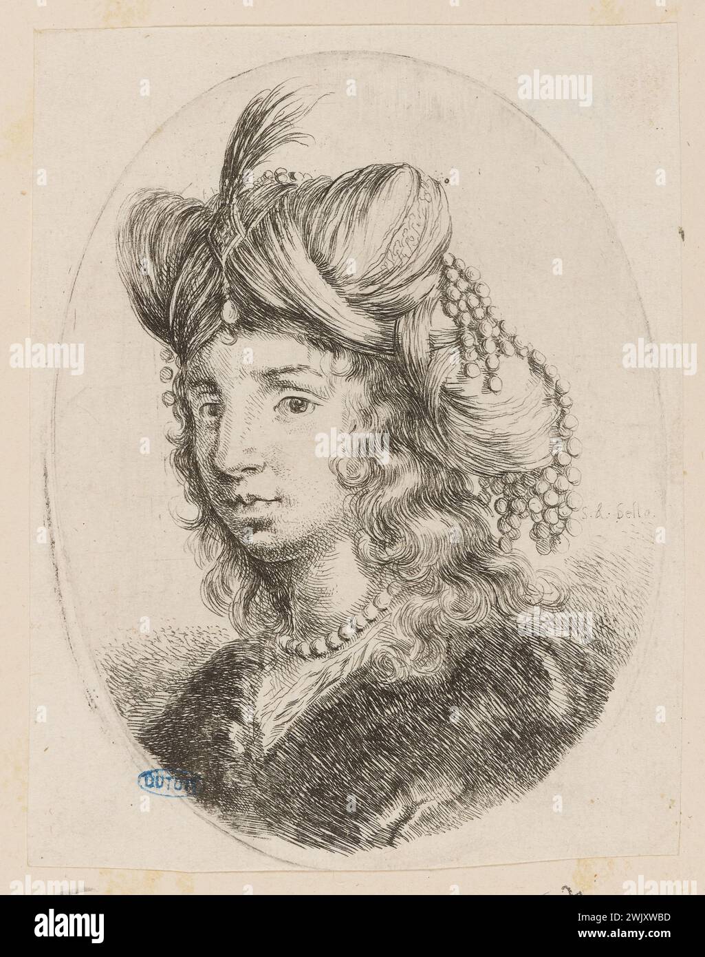 Della Bella, Stefano (dit Étienne de la belle) (n.1610-05-18-D.1664-08-22), plusieurs têtes portant le persan. Sultana ornée d'un collier de perles et portant un riche turban meublé d'une aigrette, de perles et de pierres. Sixième numéro d'une suite de 12 pièces. (A. de Vesme 186 ; Dutuit 172) (titre principal). Gravure. Petit Palais, Musée des Beaux-Arts de la ville de Paris. Banque D'Images