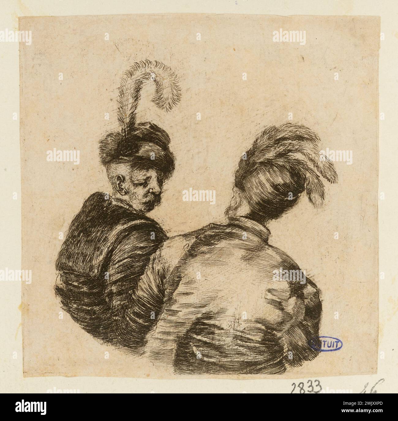 Della Bella, Stefano (dit Étienne de la belle) (n.1610-05-18-D.1664-08-22), deuxième collection de différentes rayures. Deux demi-corps hongrois avec chapeau et aigrettes. Quarante-sixième numéro d'une suite de 47 pièces. (A. de Vesme 457 ; Dutuit 122) (titre principal). Gravure. Petit Palais, Musée des Beaux-Arts de la ville de Paris. Banque D'Images