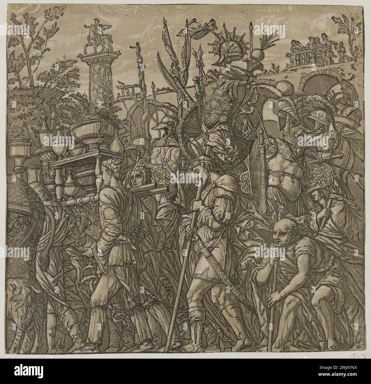 Andrea Andreani (actif à Mantoue vers 1540-1623). « Le triomphe de Jules César », selon Mantegna : des hommes portant des vases sur une civière suivis par d'autres hommes qui portent des trophées d'armes attachés au bout d'un bâton (Bartsch, Tome XII, section 6, n°11). Couleur en couleur. 1599. Musée des Beaux-Arts de la ville de Paris, petit Palais. 112278-21 16e 16e XVI 16e 16e Centre, gravure Banque D'Images