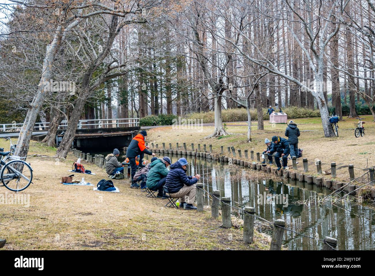Les habitants pêchent au parc Mizumoto (都立水元公園). Tokyo, Japon. Banque D'Images