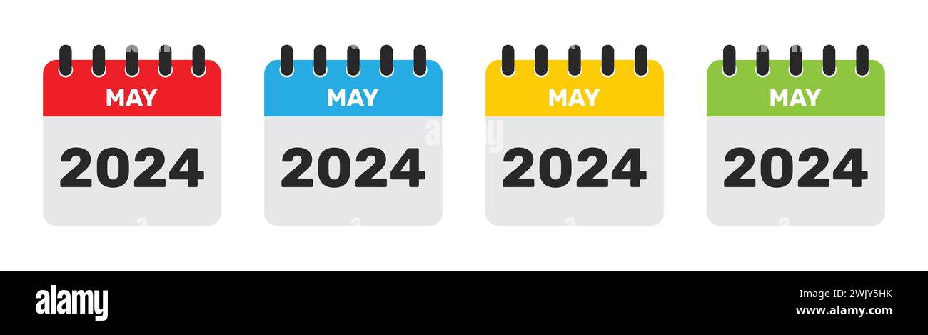 Calendrier de mai 2024 en quatre couleurs différentes. 2024 mai icône de calendrier définie en rouge, bleu, jaune et vert. Ensemble d'icônes de calendrier plat du mois de mai isolé. Illustration de Vecteur