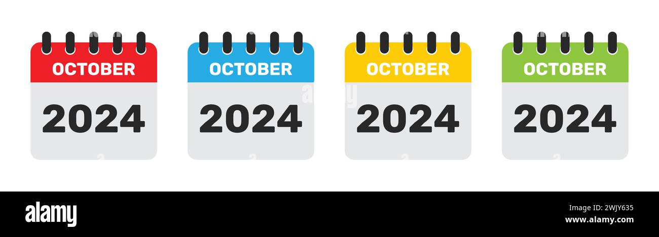 Calendrier octobre 2024 en quatre couleurs différentes. icône de calendrier d'octobre 2024 définie en rouge, bleu, jaune et vert. Icône du calendrier plat du mois d'octobre. Illustration de Vecteur