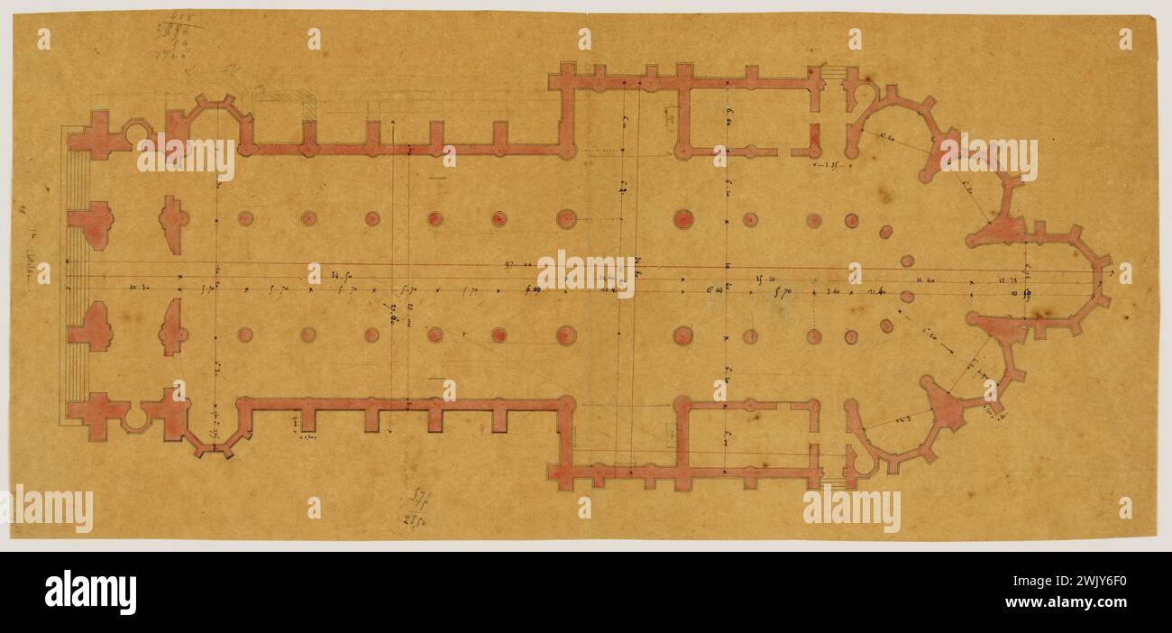 Lèbe-sigun, plan de l'église Sainte-Clotilde. (Titre Factical), 1861. Crayon, stylo et encres noir et rouge, lavage rose sur papier couche. Musée Carnavalet, histoire de Paris. Banque D'Images