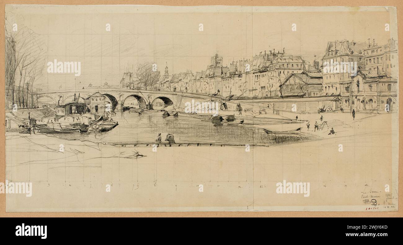 SAFFREY, Henri Alexandre (n. - D.1896), la Seine en amont du pont Marie et le Quai des Célestins en 1885. (Titre fidèle), 1885. Musée Carnavalet, histoire de Paris. Banque D'Images