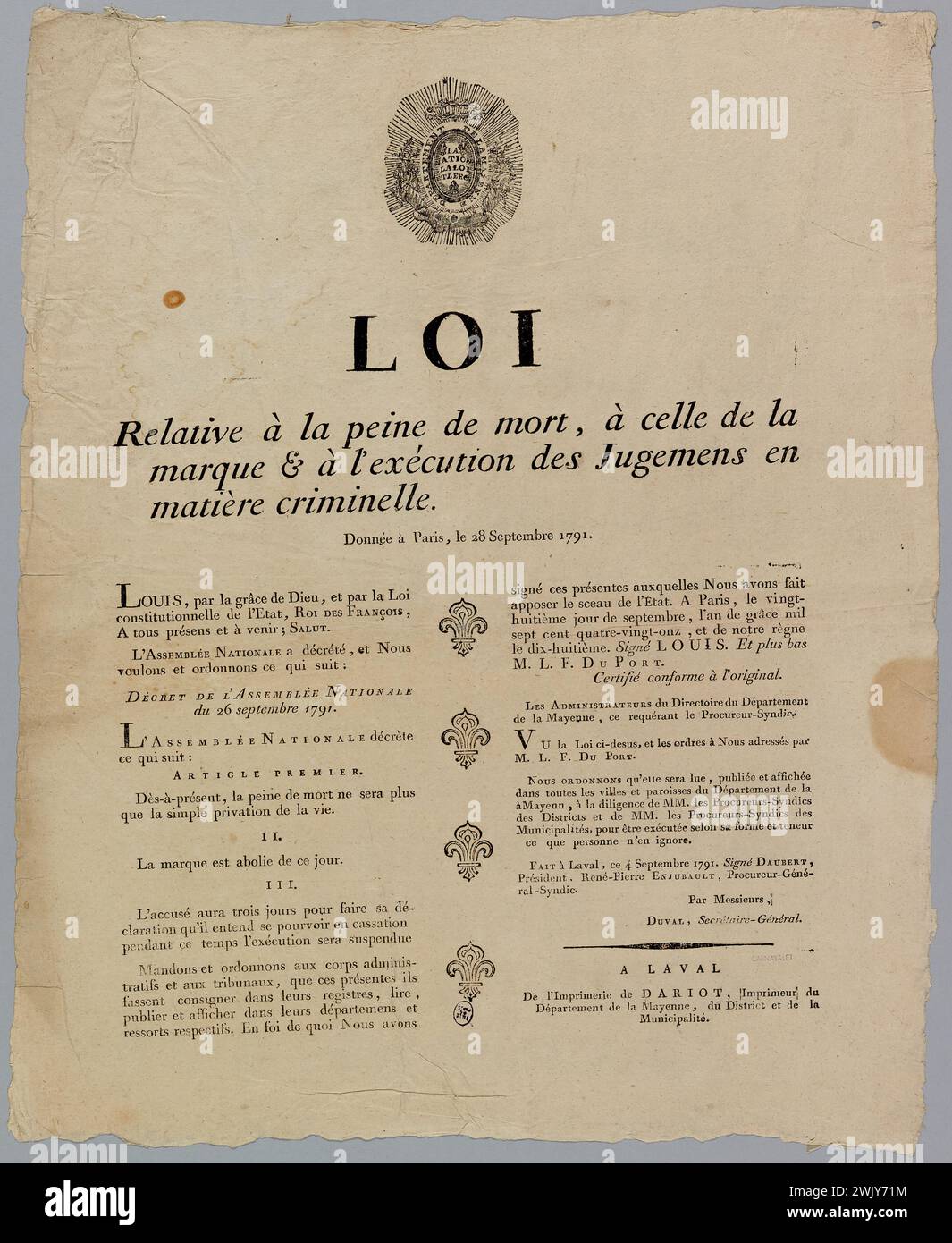 Dariot, loi/ relative à la peine de mort, celle de/ Mark & l'exécution des jugements [sic] in/ Criminal Material./ rendu à Paris, le 28 septembre 1791. (titre enregistré (lettre)), 1791. Gravure sur bois et typographie. Musée Carnavalet, histoire de Paris. Politique, histoire, Révolution française, 1789-1799, Administration, loi, décret, Assemblée nationale, Justice, condamnation à mort, jugement, royauté, Louis XVI (Louis Auguste de France) (1754-1793), Marguerite Louis François Duport-Duterre (1754-1793), Louis Martin Daubert (1739-), René urbain Pierre Charles Félix Enjubault de la Roche (1737-1794), CH Banque D'Images