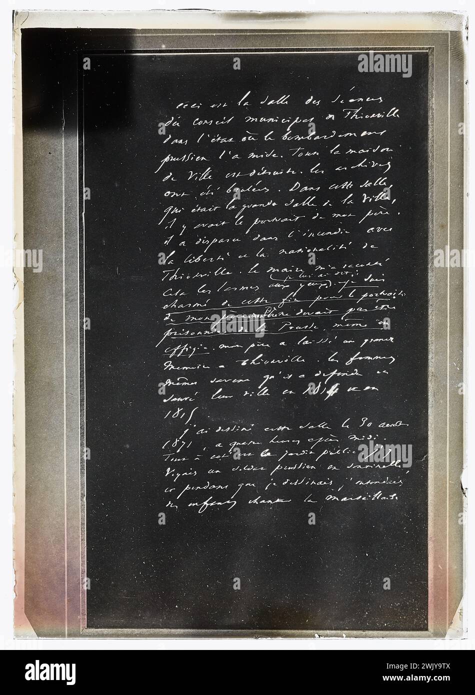 Anonyme, manuscrit accompagnant un dessin de Victor Hugo : salle des sessions du conseil de Thionville, après l'entrée des Prussiens en 1871 (titre factice). Maisons de Victor Hugo Paris - Guernesey. Banque D'Images