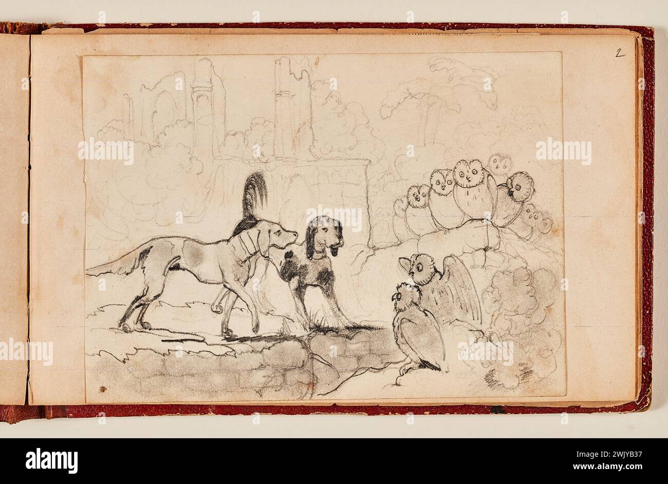 Chiens et hiboux anonymes (titre factice), 1834. Crayon graphite sur papier. Maisons de Victor Hugo Paris - Guernesey. Banque D'Images