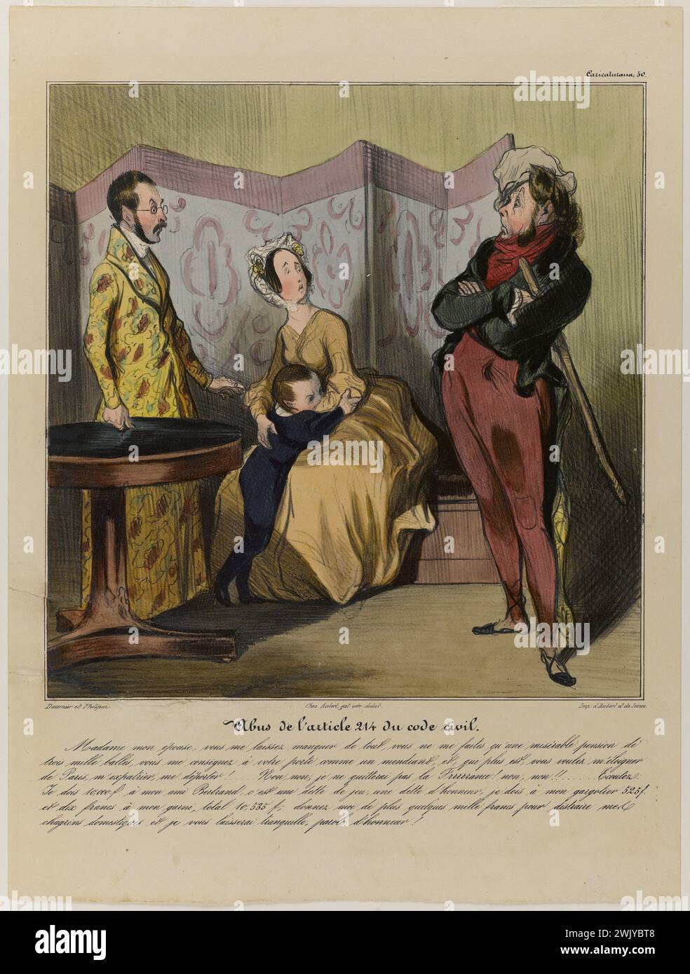 Honoré Daumier (1808-1879) "Abus de l'article 214 du Code civil". Lithographie colorée et effacée. 1836-1838. Paris, maison Balzac. 56112-10 maltraitance, article 214 du Code civil, Colorie, enfant, femme, gomme, homme, lithographie Banque D'Images