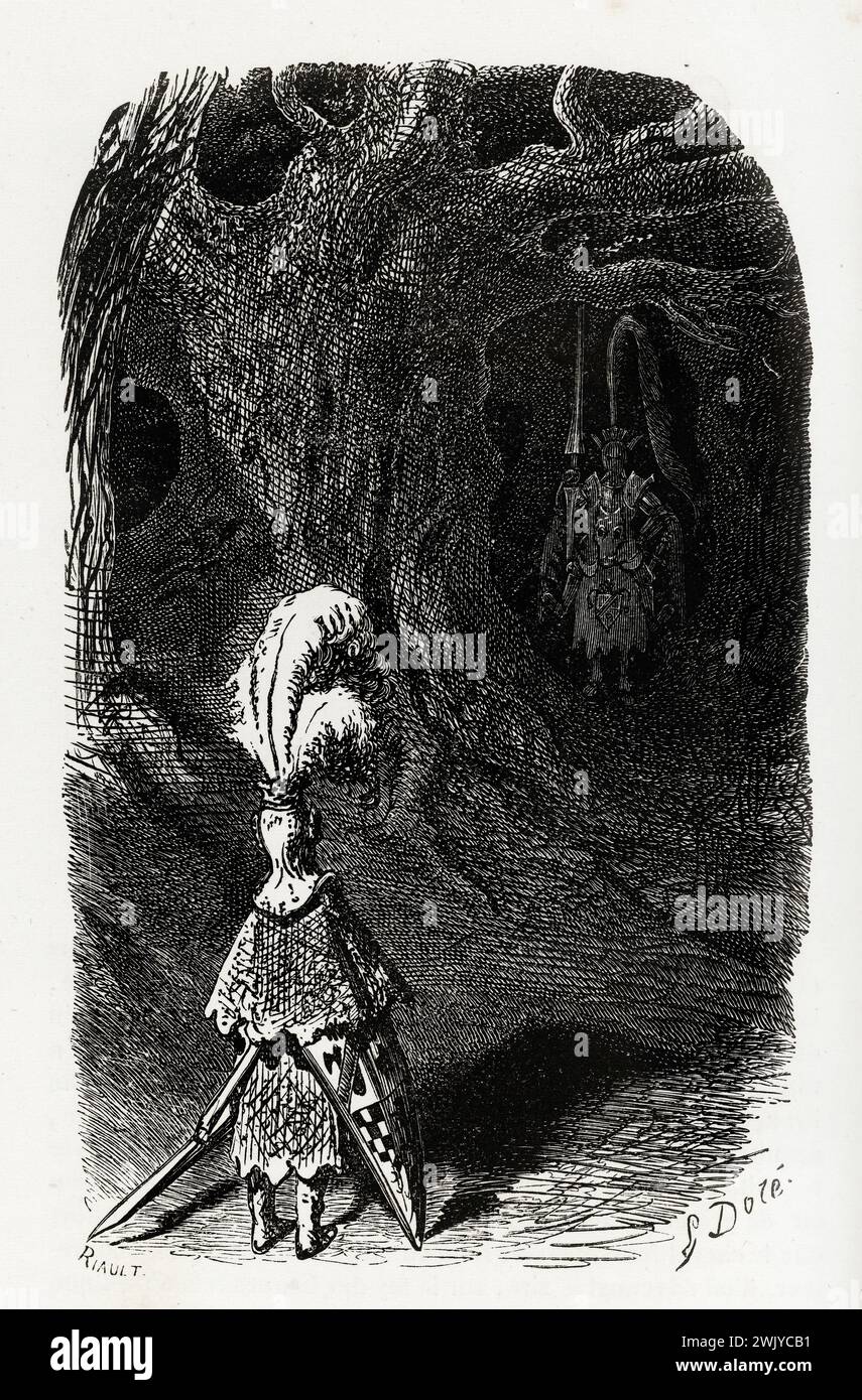 Gustave Doré (1832-1883), designer et Paul Riault (XIXe siècle), graveur. 'Qui vit ? Illustration pour Honoré de Balzac, 'les contes drolatiques', Paris : Société générale de librairie, 1855'. Gravure sur bois. Paris, maison Balzac. 101790-25 gravure sur bois, illustration d'une œuvre littéraire, 19e 19e 19e 19e 19e xixe siècle, gravure Banque D'Images