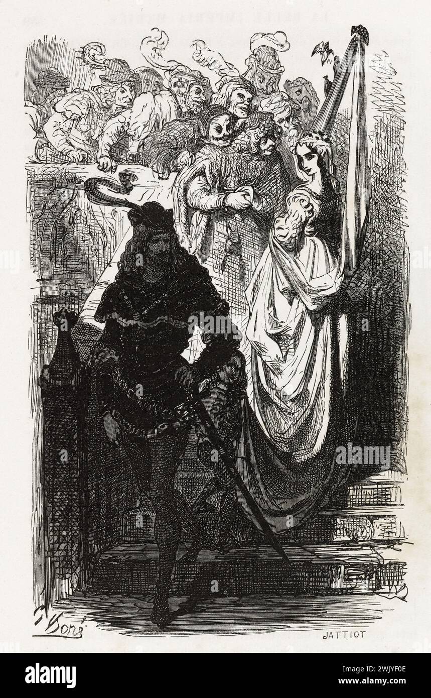 Gustave Doré (1832-1883), designer et Charles Jattiot (XIXe siècle), graveur. "Premier picqueur de l'amour." Illustration pour Honoré de Balzac, 'les contes Dranitiques', Paris : Société générale de librairie, 1855'. Paris, Maison de Balzac. 101791-20 gravure sur bois, illustration d'une œuvre littéraire, 19e 19e 19e 19e 19e xixe siècle, gravure Banque D'Images