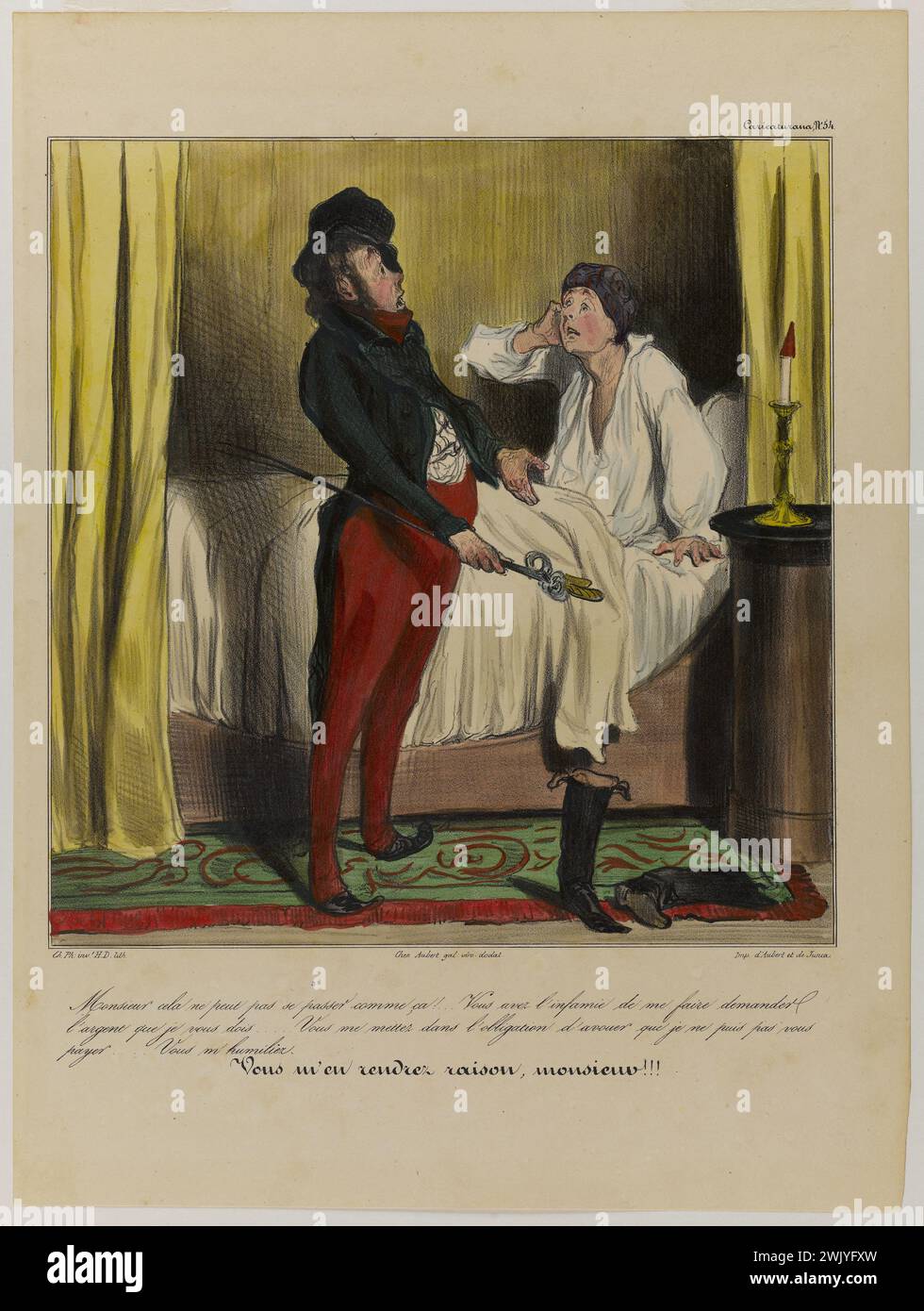 Honoré Daumier (1808-1879) 'Monsieur ne peut pas arriver comme ça! ... Tu as l'infamie de me faire demander l'argent que je te dois ...'. Lithographie colorée et effacée. 1836-1838. Paris, maison Balzac. 56112-14 Colorie, discuter, gommee, homme, lithographie, malade Banque D'Images