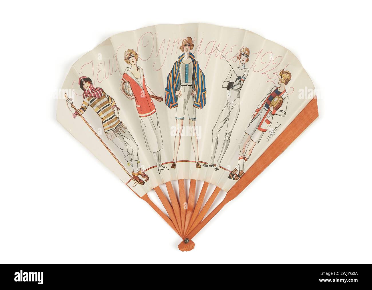 L.T. PIVER, Jeux Olympiques 1924 (titre attribué), 1924. Feuille et contre feuille de papier, impression par procédé photomécanique, cadre en bois teinté orange, métal rter et oeil. Palais Galliera, musée de la mode de la ville de Paris. Figurative 5 décors sportifs présentent leurs tenues (un alpiniste, un joueur de tennis, un nageur, un escrimeur, un joueur de rugby). Banque D'Images