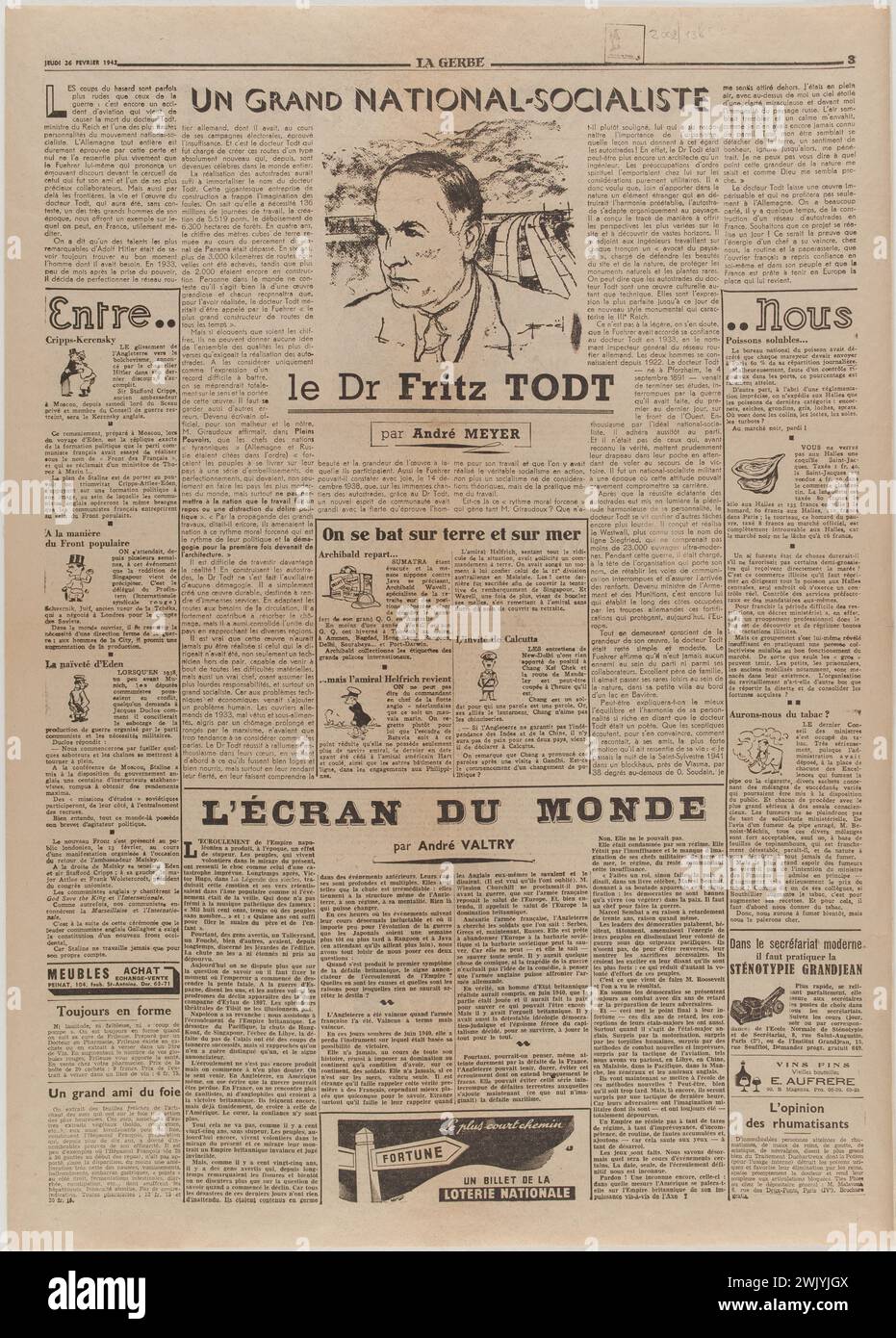 Journal 'la Gerbe' du 26 février 1942 (pages 3-6). Papier imprimé, 1942. Musée général Leclerc de Hauteclocque et de la libération de Paris, Musée Jean Moulin. article de presse, Journal, Journal Print, page Journal, presse écrite, tous les jours, XXe XX XX XXe XXe siècle Banque D'Images