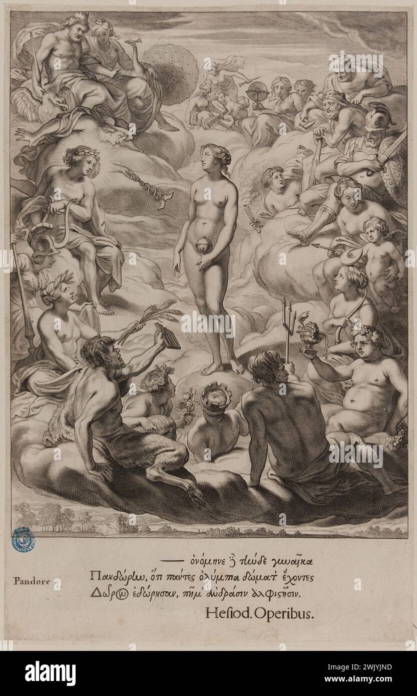 Cornelis II Bloemaert, dit le jeune (1603-1692). Tableau du Temple des Muses : Pandora (Dutuit p. 36, le Blanc 95). Burin, 1655. Musée des Beaux-Arts de la ville de Paris, petit Palais. Boîte de Pandore, ciseau, déesse, dessin, divinite grecque, fertonditis, mythologie grecque, personnage mythologique, temple des Muses, terre, 17ème 17ème XVII 17ème 17ème siècle, gravure Banque D'Images