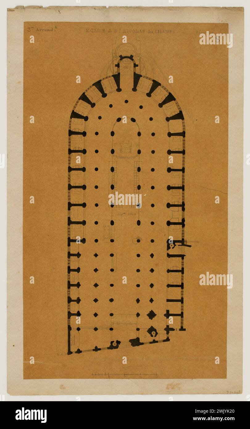 Lèbe-Sigun, plan de l'église Saint-Nicolas-des-champs. (Titre factice), 1861. Crayon noir et gris et lavage sur piste collée au milieu du papier. Musée Carnavalet, histoire de Paris. Banque D'Images