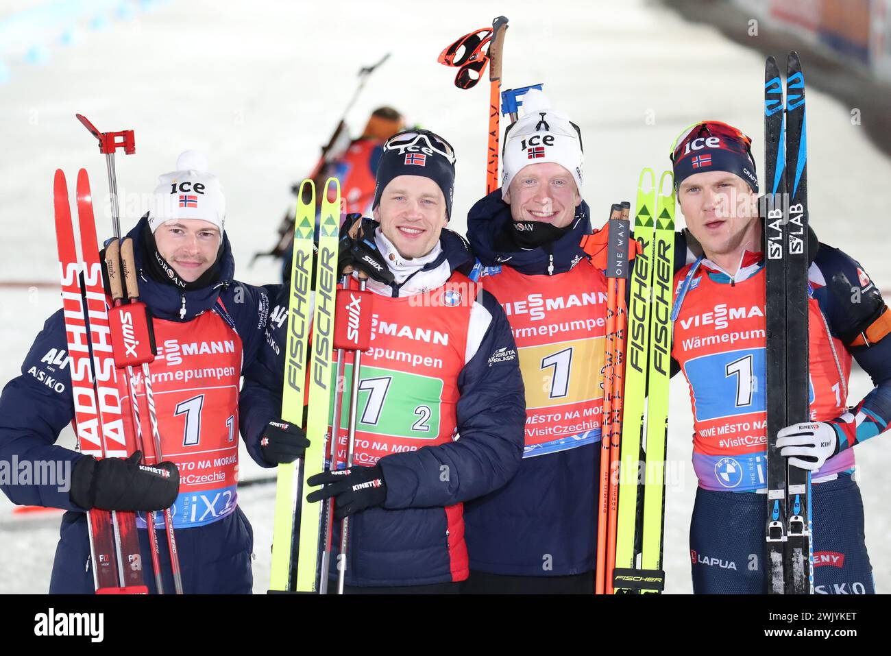 © Pierre Teyssot/MAXPPP ; Championnats du monde de biathlon Nove Mesto 2024 IBU . Nove Mesto na Morave, République tchèque, le 17 février 2024. Relais homme 4 x 7,5 km. La Suède gagne devant la Norvège et la France. Sturla Holm Laegreid, Tarjei Boe, Johannes Thingnes Boe et Vetle Christiansen (NOR) © Pierre Teyssot/Maxppp crédit : MAXPPP/Alamy Live News Banque D'Images