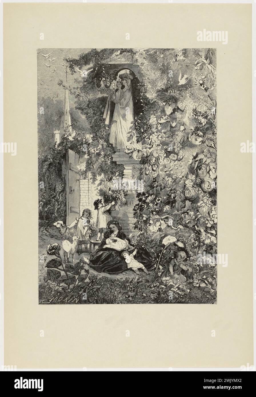 Edmond Morin (1824-1882) 'May Flowers'. Bois, 1863. Musée des Beaux-Arts de la ville de Paris, petit Palais. Allaitement, bébé, enfant, femme, fleur, mai, printemps, statue, gravure Banque D'Images