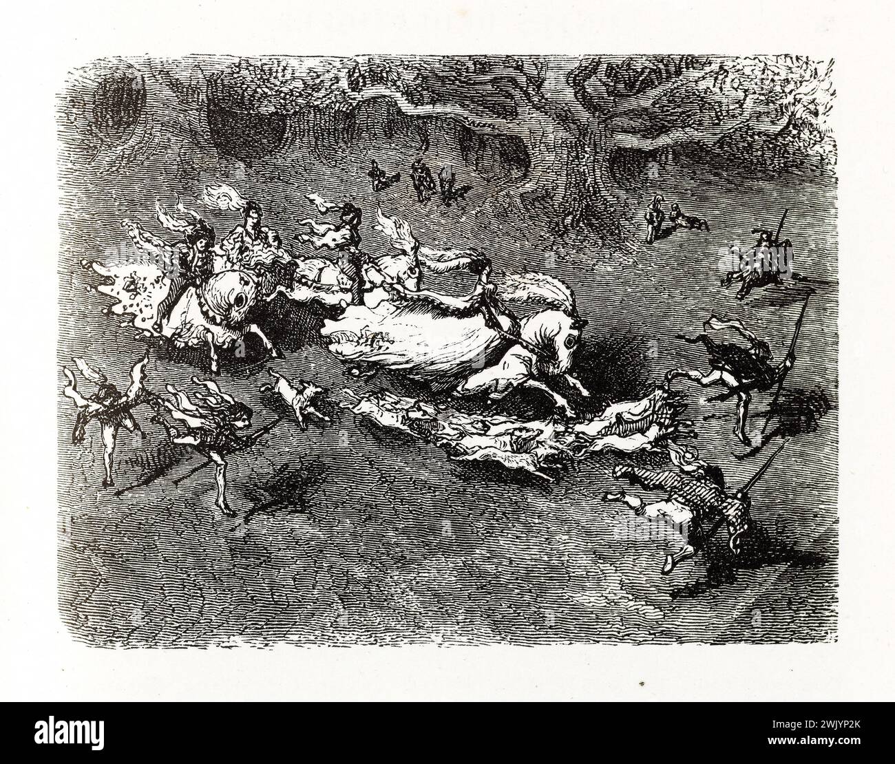 Gustave Doré (1832-1883), designer et François Rouget (1811-1886), graveur. "Madame Senneschalle dirige des cerfs." Illustration pour Honoré de Balzac, 'les contes drolatiques', Paris : Société générale de librairie, 1855'. Gravure sur bois. Paris, Maison de Balzac. 101780-25 gravure sur bois, illustration d'une œuvre littéraire, 19e 19e 19e 19e 19e xixe siècle, gravure Banque D'Images