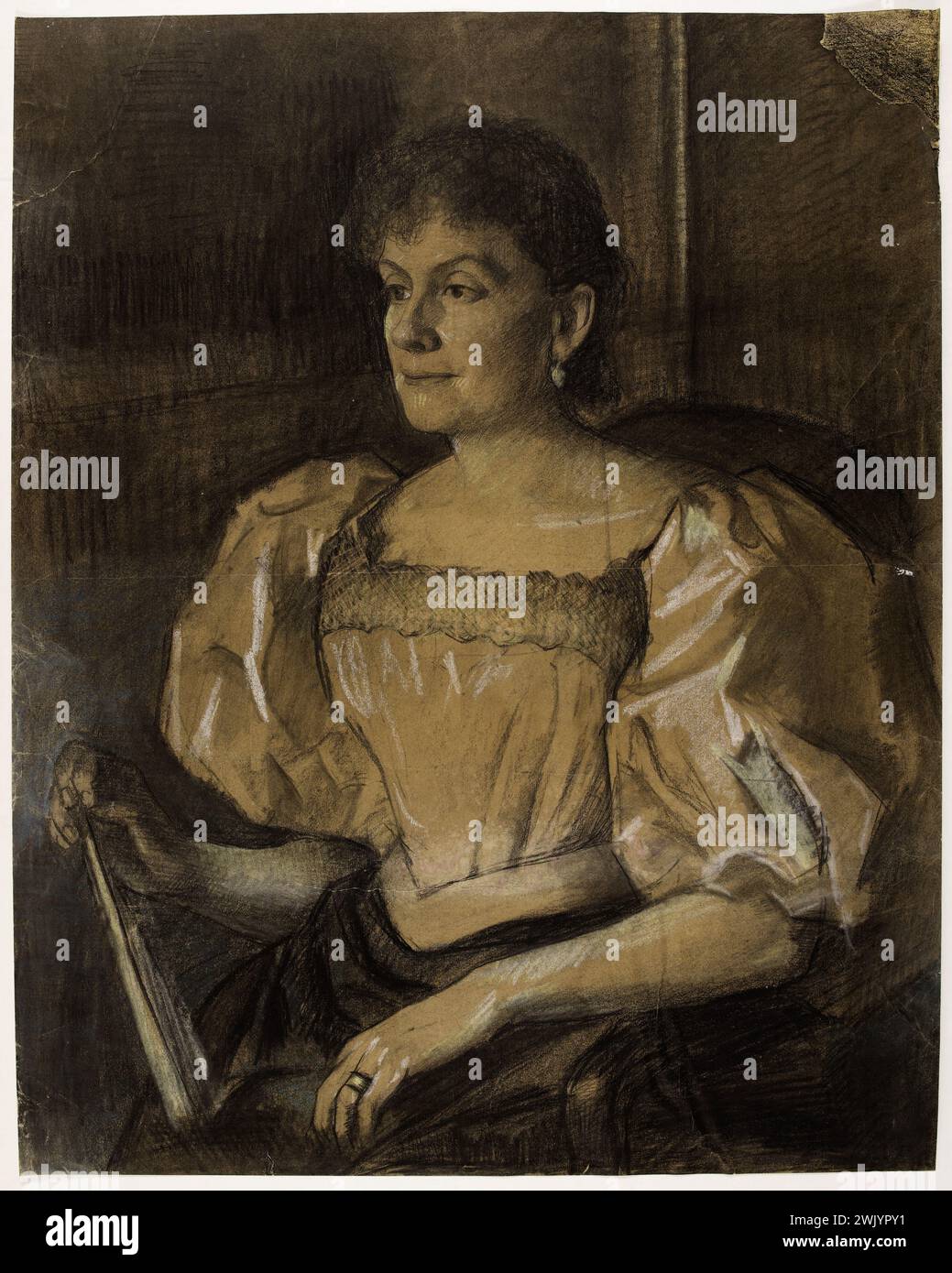 Arthur-Joseph Guéniot (1866-1951) Portrait d'une femme assise aux trois quarts à gauche, tenant une portée dans sa main droite. Charbon de bois. Musée des Beaux-Arts de la ville de Paris, petit Palais. Dessin, 19ème XIXe 19ème 19ème 19ème 19ème siècle, 20ème XX 20ème 20ème siècle Banque D'Images