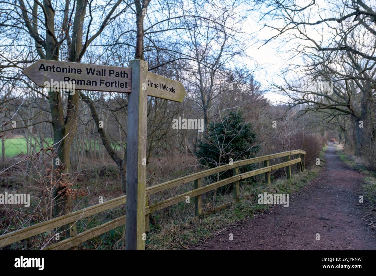 Panneau de direction vers Kinneil fortlet romain, situé sur le mur d'Antonin, domaine Kinneil, Bo'Ness, Écosse Banque D'Images