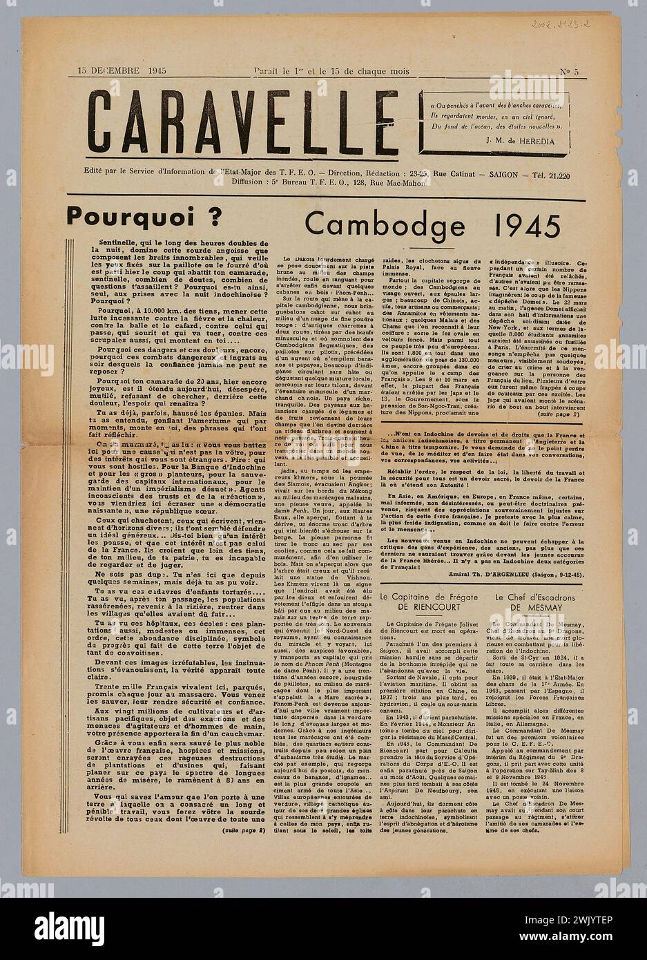 Service de presse de propagande du TFEO EM (n.-d.), Caravelle n°5 (nom d'utilisateur), 1945-12-15. Papier imprimé, encre. Musée de la libération de Paris - Musée général Leclerc - Musée Jean Moulin. Banque D'Images