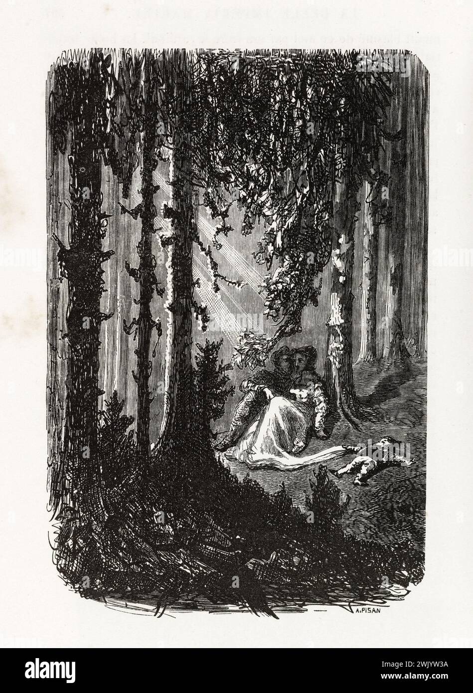 Gustave Doré (1832-1883), designer et HélioDore Pisan (1822-1890), graveur. "L'amour dans les bois." Illustration pour Honoré de Balzac, 'les contes Dranitiques', Paris : Société générale de librairie, 1855'. Paris, Maison de Balzac. 101791-23 gravure sur bois, illustration d'une œuvre littéraire, 19e 19e 19e 19e 19e xixe siècle, gravure Banque D'Images
