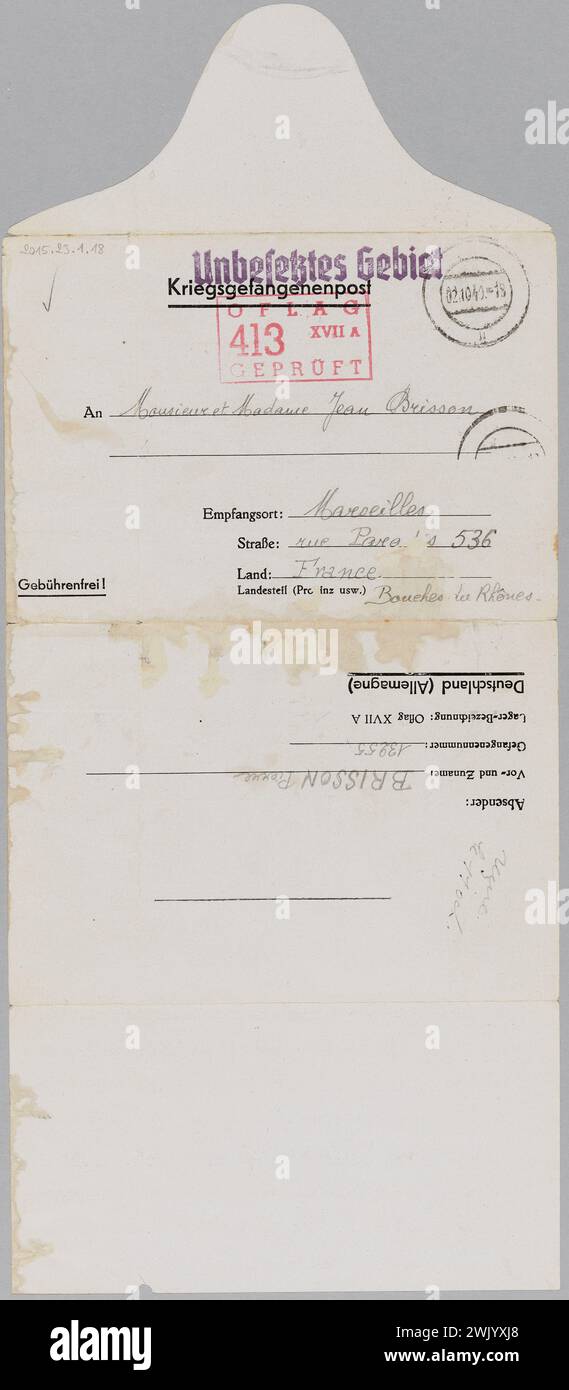 Carte postale du Kriegsgefangenenpost - en 3 parties - de P. Brisson à ses parents (titre décerné), 1940-10-02. Papier imprimé, encre. Musée de la libération de Paris - Musée général Leclerc - Musée Jean Moulin. Banque D'Images Carte postale du Kriegsgefangenenpost - en 3 parties - de P. Brisson à ses parents (titre décerné), 1940-10-02. Papier imprimé, encre. Musée de la libération de Paris - Musée général Leclerc - Musée Jean Moulin. Banque D'Images