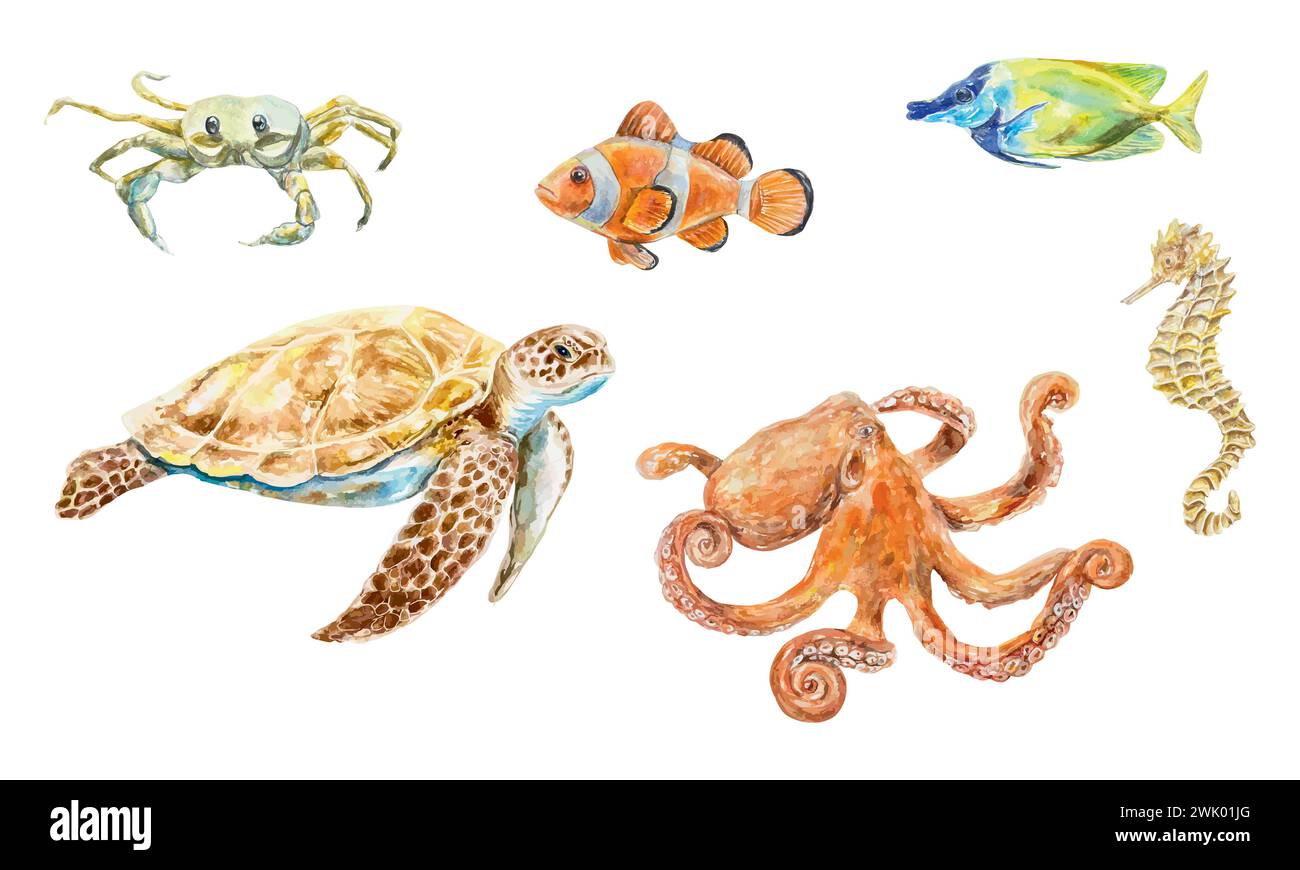 Ensemble d'animaux marins, aquarelle. Tortue, poulpe, poisson, hippocampe, crabe. Illustration vectorielle. Élément de design pour cartes postales, bannières de voyage, flyers, étiquettes. Illustration de Vecteur