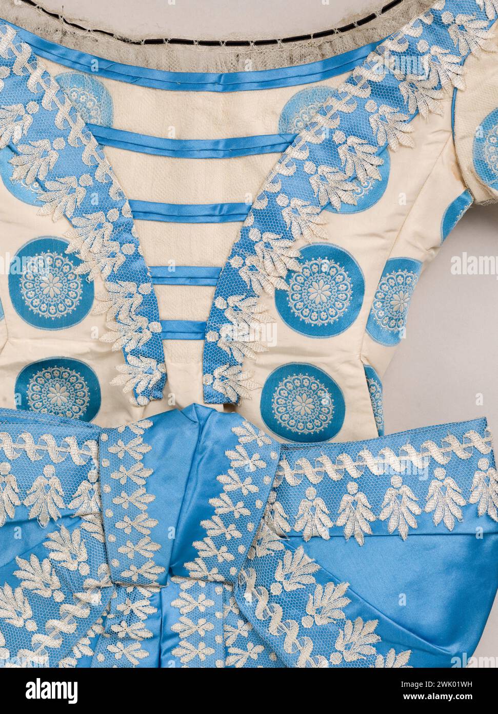 Bal corsage (détail). Montré, défaut ivoire avec noulles bleues, satin bleu et tulle de soie, blond. Vers 1866. Galliera, musée de la mode de la ville de Paris. Corsage la balle (détail) boule, détail, ivoire, féminin, noeud, bleu, satin, second empire, soie de tulle, soie de tulle, tulle Banque D'Images