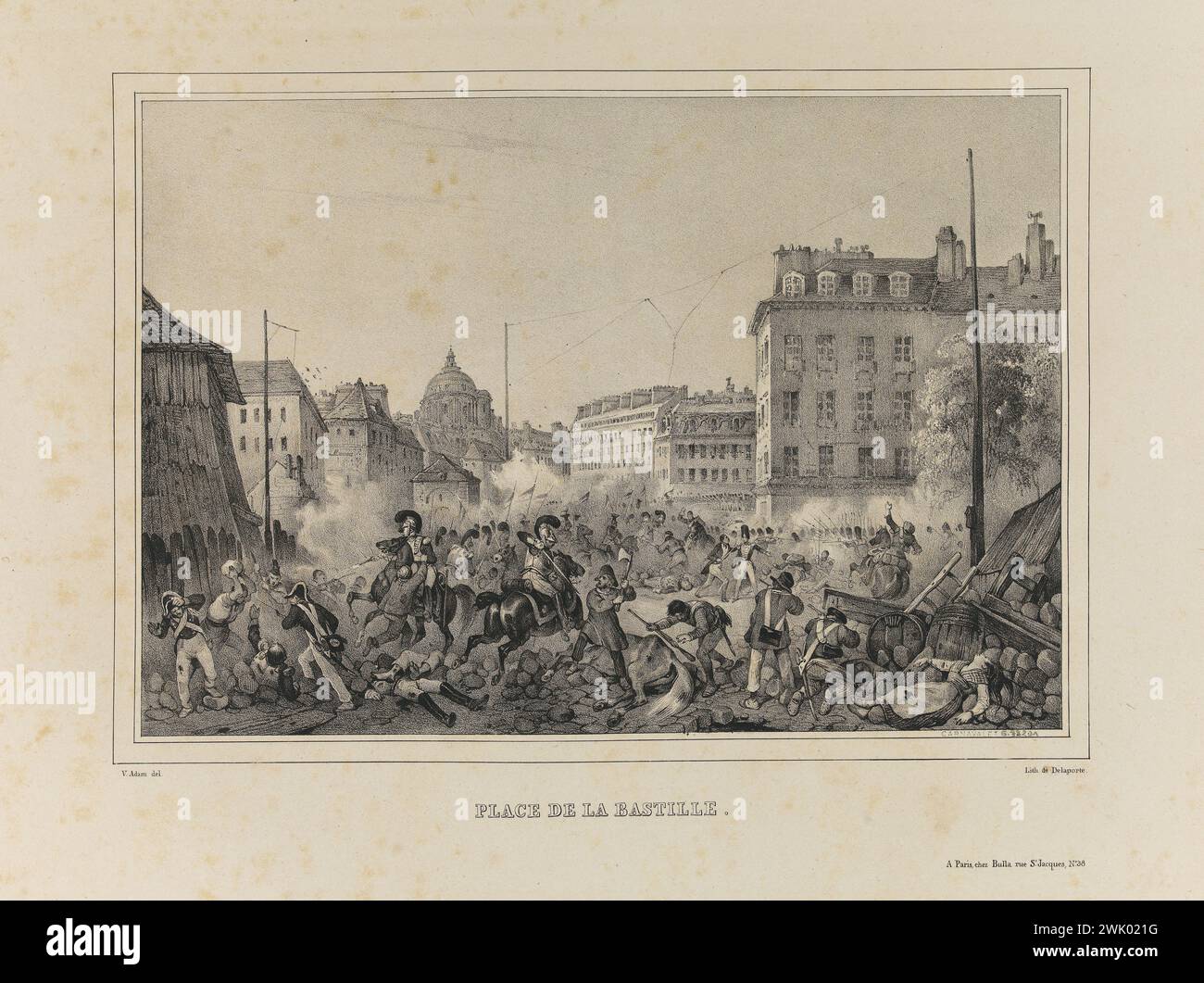 Victor Adam/Delaporte. 'Jours mémorables en juillet 1830, place de la Bastille'. Lithographie. Paris, musée Carnavalet. 74580-6 lithographie, monarchie de juillet, place de la Bastille, révolution 1830, trois glorieuses, combat Banque D'Images