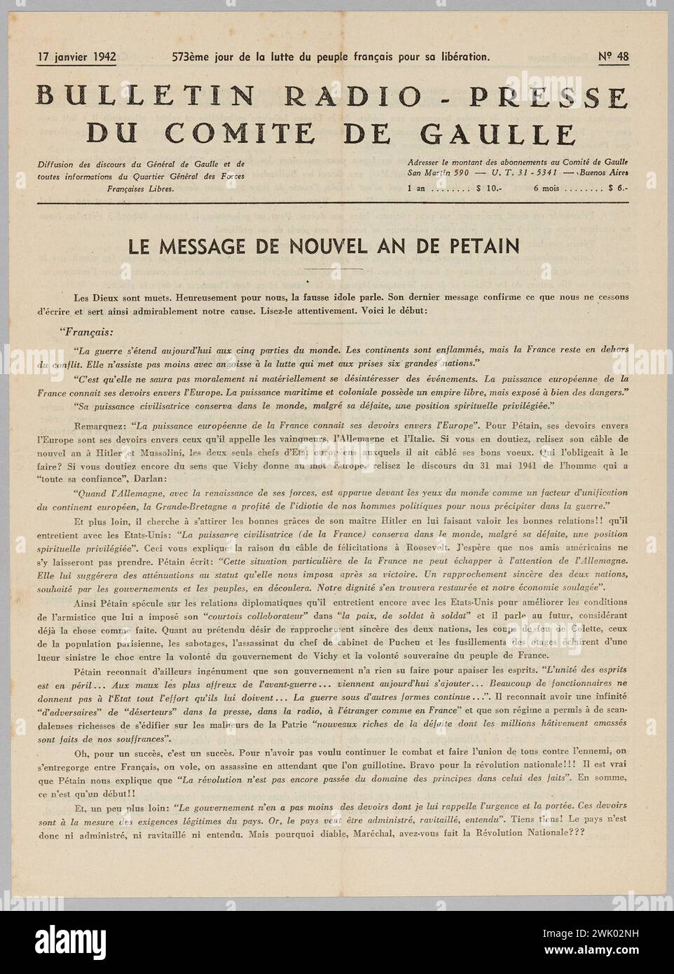 Comité de Gaulle (Argentine) (s.-d.), Bulletin Radio-presse du Comité de Gaulle d'Argentine n°48 (titre enregistré (lettre)), 1942-01-17. Papier imprimé. Musée de la libération de Paris - Musée général Leclerc - Musée Jean Moulin. Banque D'Images