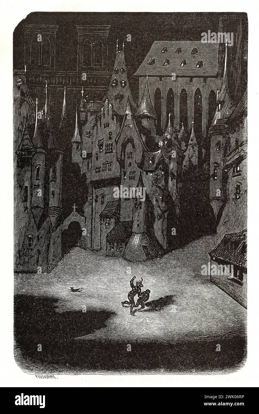 Gustave Doré (1832-1883), designer et Eugène Pred'homme (1813-1886), graveur. 'Menus suffisants au clair de lune.' Illustration pour Honoré de Balzac, 'les contes drolatiques', Paris : Société générale de librairie, 1855'. Gravure sur bois. Paris, Maison de Balzac. 101782-18 gravure sur bois, illustration d'une œuvre littéraire, 19e 19e 19e 19e 19e xixe siècle, gravure Banque D'Images