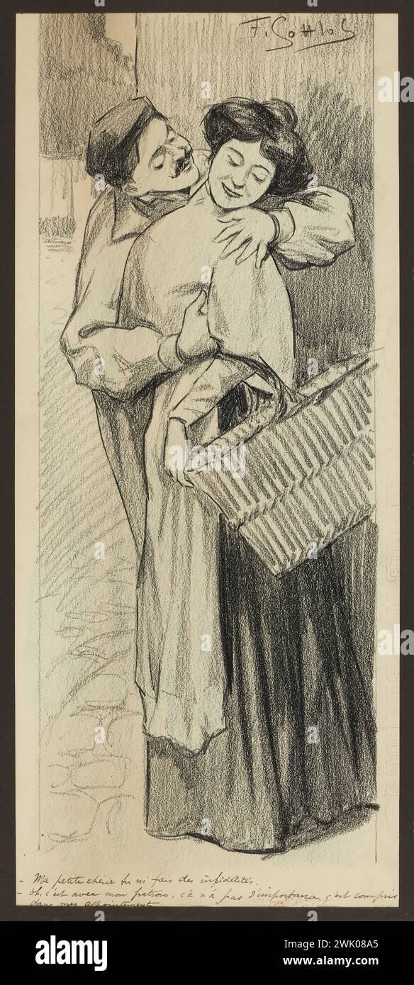 Gottlob, Fernand-Louis (n.1873-02-23-D.1935-11-10), ma petite amie vous faites des infidélité. - Oh, c'est avec mon patron, ça n'a pas d'importance, c'est compris dans mes salaires (titre donné par l'auteur). Pierre noire et crayon bleu sur papier. Petit Palais, Musée des Beaux-Arts de la ville de Paris. Banque D'Images