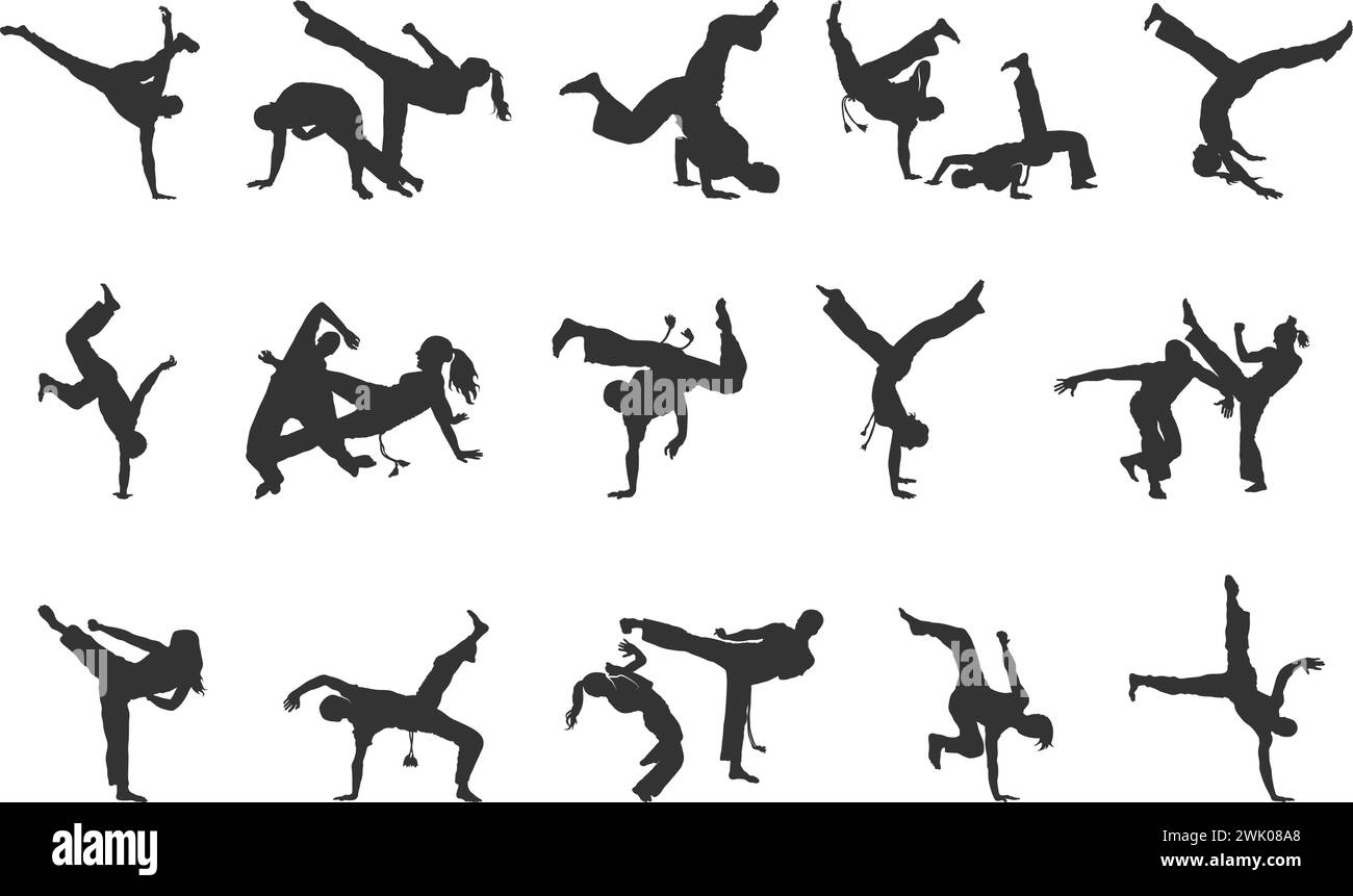 Silhouettes de capoeira, silhouette d'entraînement de capoeira, silhouette de combat de capoeira du Brésil. Illustration de Vecteur