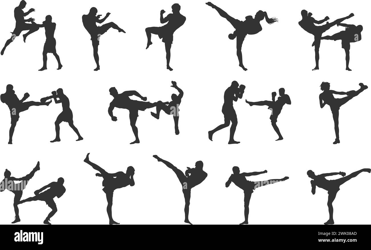 Silhouette de kickboxing, silhouette de kickboxer, silhouettes de kickbox, Kickboxing, clipart de kickboxing. Illustration de Vecteur