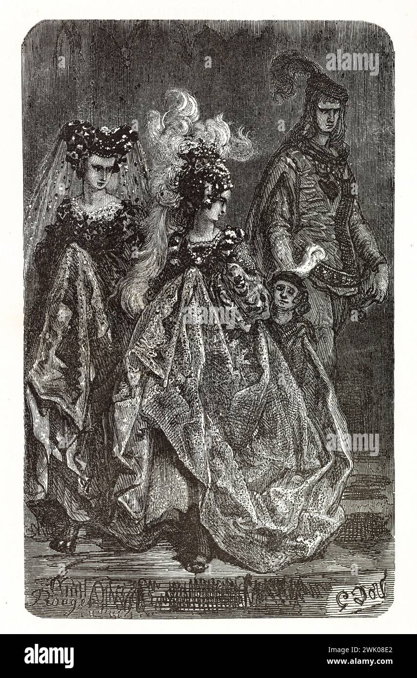 Gustave Doré (1832-1883), designer et François Rouget (1811-1886), graveur. "Boys-Bourredon a mené à son heure masculine." Illustration pour Honoré de Balzac, 'les contes drolatiques', Paris : Société générale de librairie, 1855'. Gravure sur bois. Paris, Maison de Balzac. 101783-22 gravure sur bois, illustration d'une œuvre littéraire, 19e 19e 19e 19e 19e xixe siècle, gravure Banque D'Images