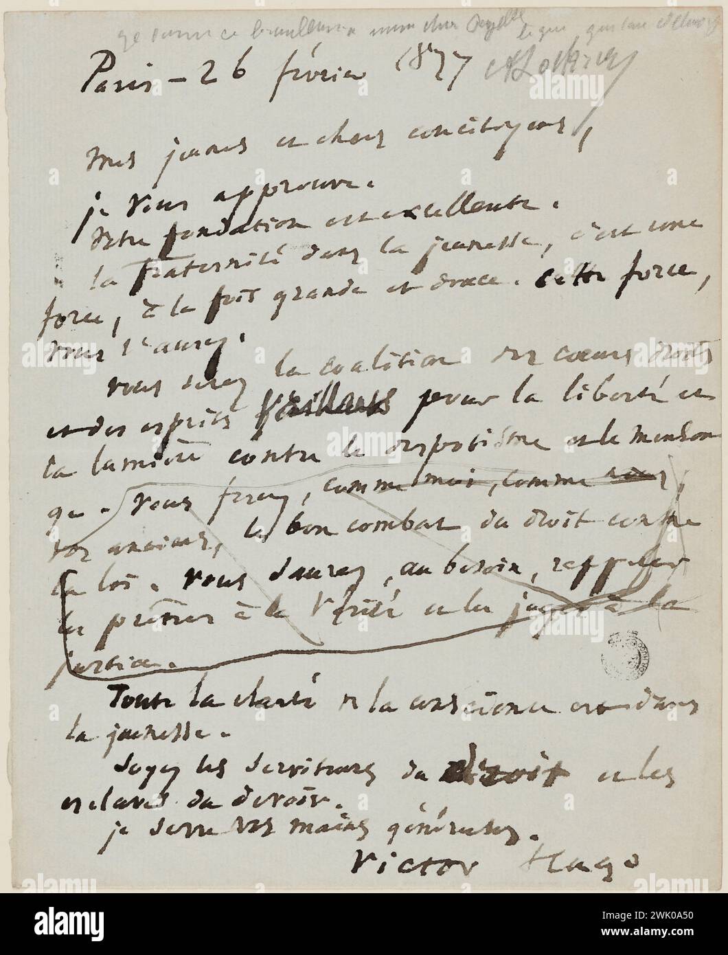 Hugo, Victor (n.1802-02-26-D.1885-05-22), COPEAU (lettre de lettre, mes jeunes et chers concitoyens ....) (titre factice), 1877-02-26. Encre sur papier. Maisons de Victor Hugo Paris - Guernesey. Banque D'Images
