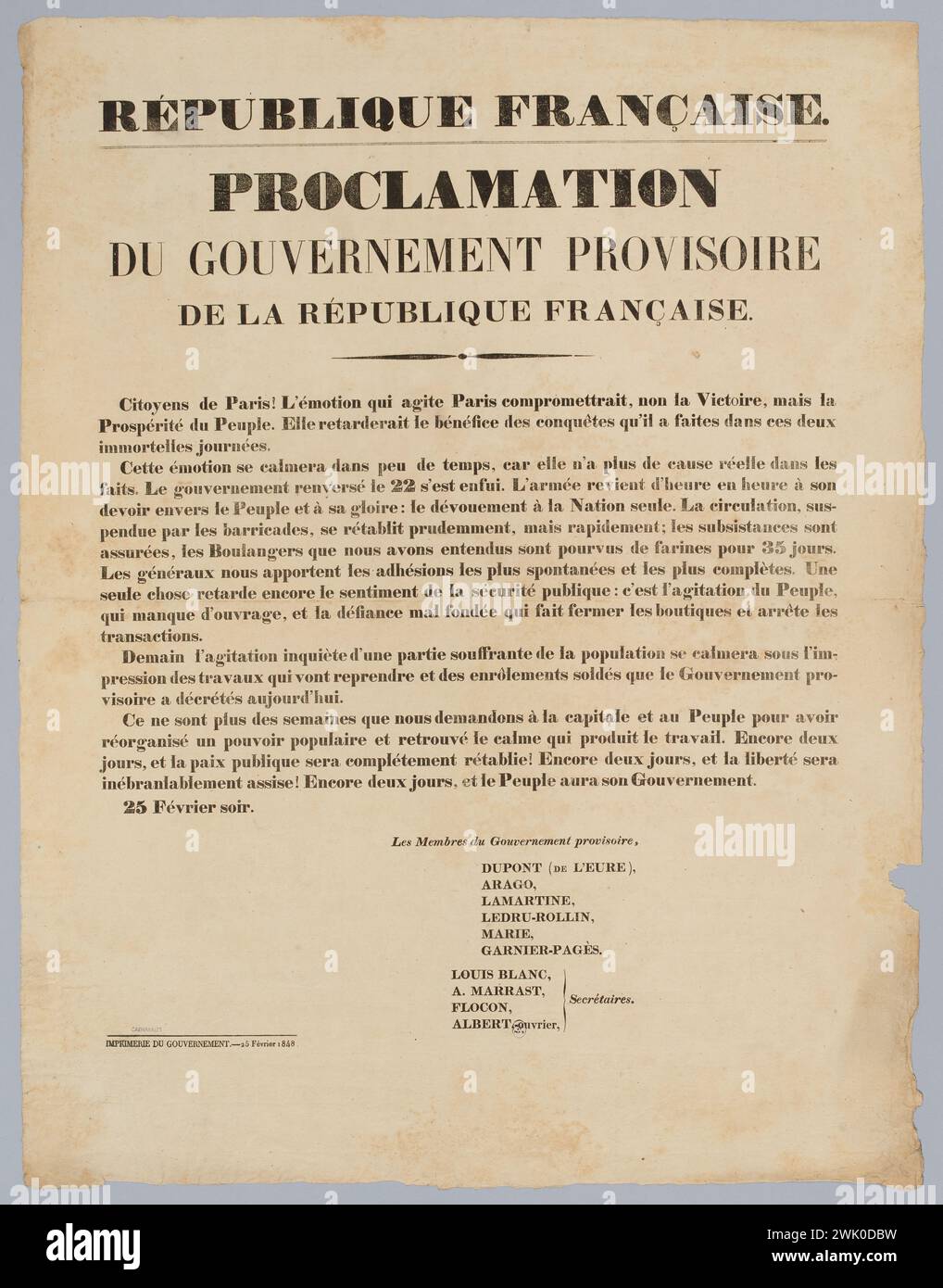 Imprimerie gouvernementale, République française./ Proclamation/ Gouvernement provisoire/ République française. (Titre inscrit (lettre)), 1848. Musée Carnavalet, histoire de Paris. Banque D'Images