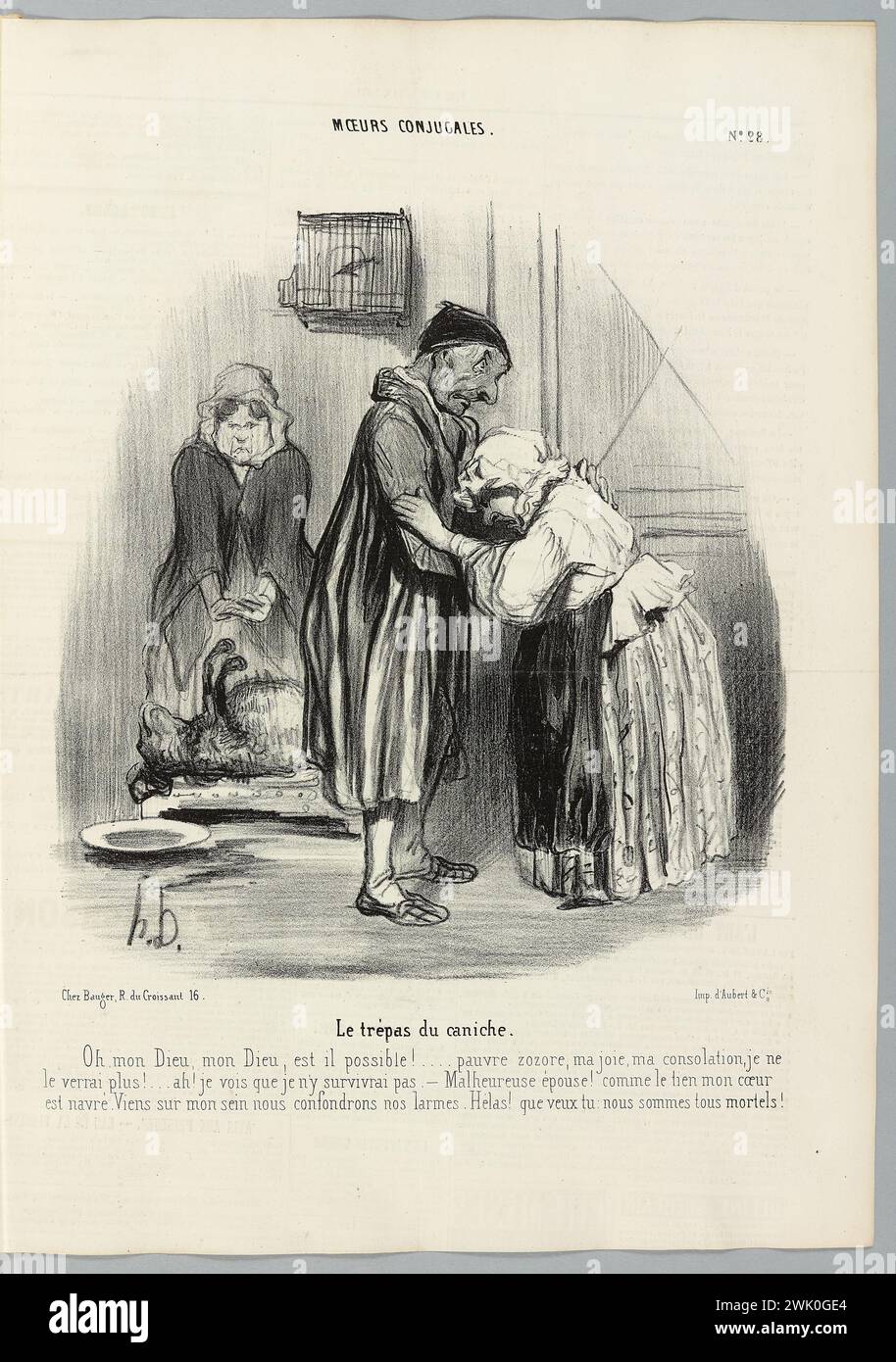 Daumier, Honoré (n.1808-02-26-D.1879-02-10), le Trépas du Poodiche (titre enregistré (lettre)). Lithographie en noir et blanc sur journal. Maison Balzac. Banque D'Images