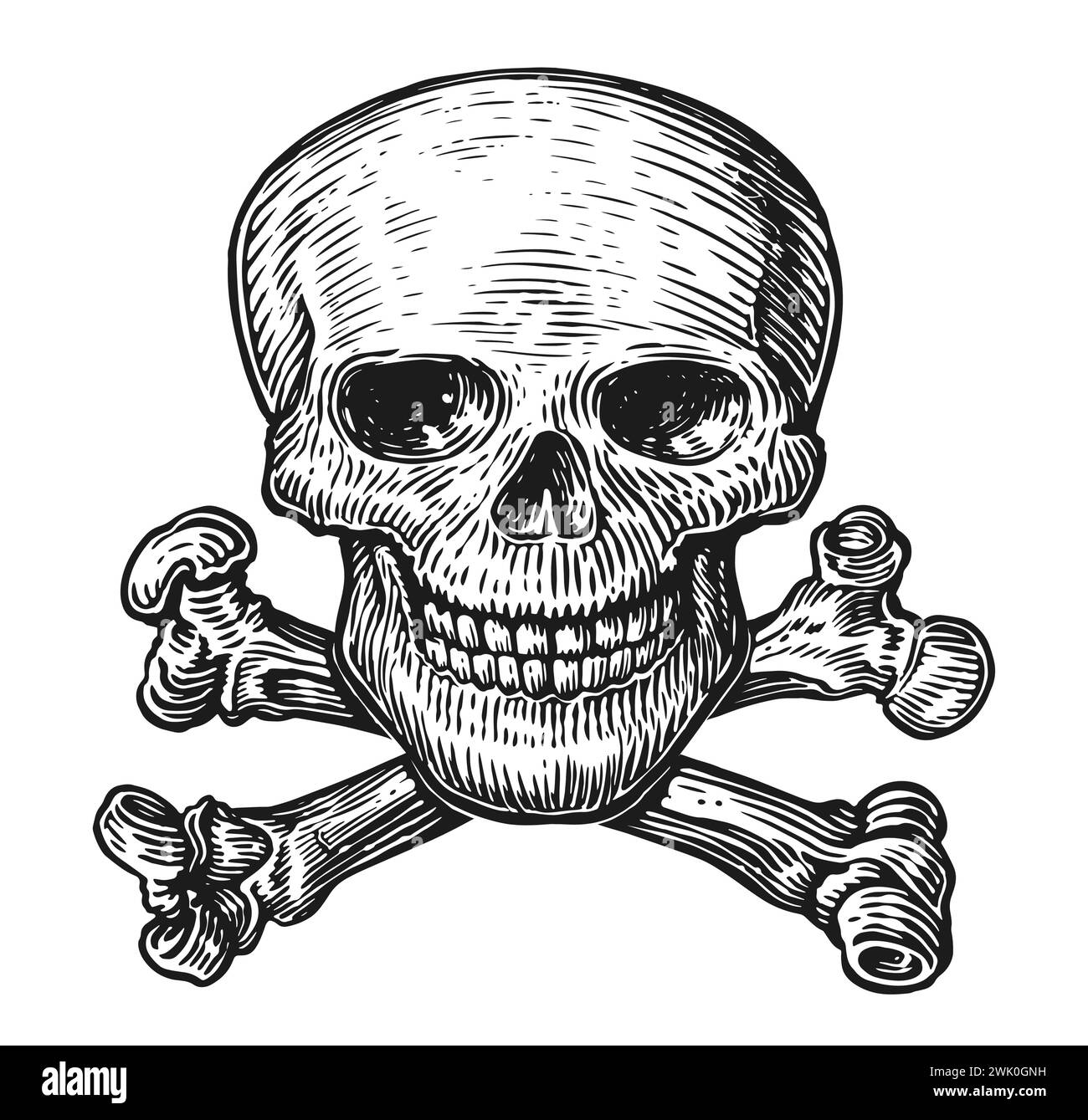 Crâne humain avec des os croisés. Noir et blanc, illustration vectorielle isolée sur fond blanc Illustration de Vecteur