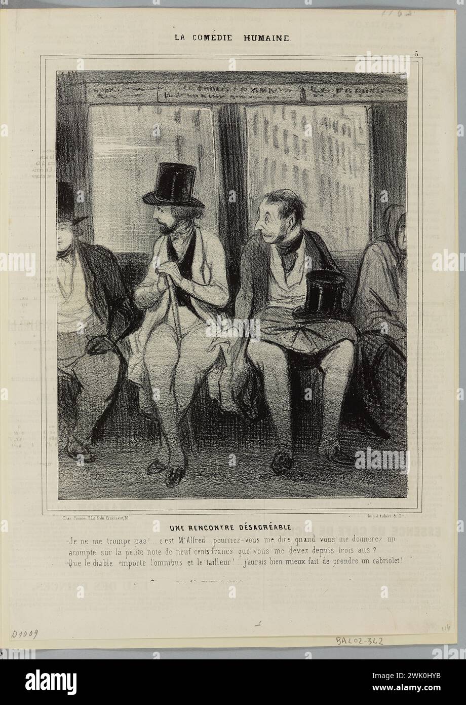 Daumier, Honoré (n.1808-02-26-D.1879-02-10), une rencontre désagréable (titre enregistré (lettre)). Lithographie en noir et blanc sur journal. Maison Balzac. Banque D'Images