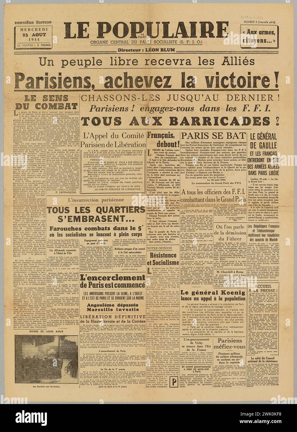 Special imprimerie du populaire (n. - D.), le populaire de Paris - corps central du Parti socialiste (S.F.I.O.) - n°2 (nouvelle série) (pseudo), 1944-08-23. Papier imprimé. Musée de la libération de Paris - Musée général Leclerc - Musée Jean Moulin. Banque D'Images