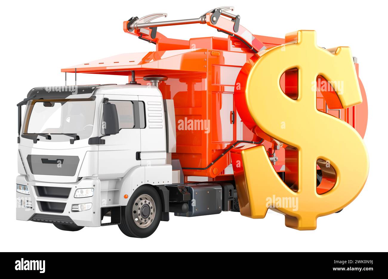 Camion poubelle avec symbole dollar, rendu 3D isolé sur fond blanc Banque D'Images