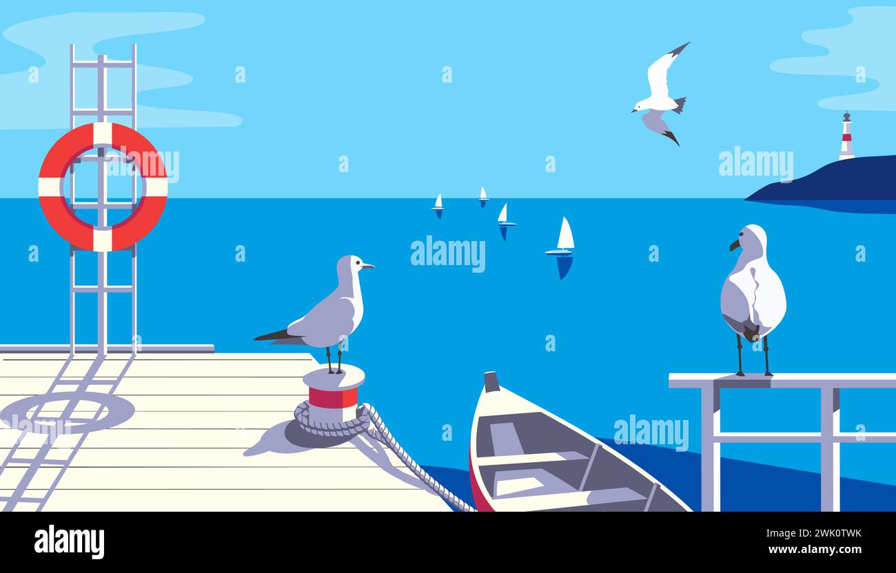 Paysage marin avec mouettes, jetée de voilier sur l'illustration vectorielle de la côte de la mer. Fond d'affiche de voyage de vacances en bord de mer. Vue panoramique sur la baie océanique Illustration de Vecteur